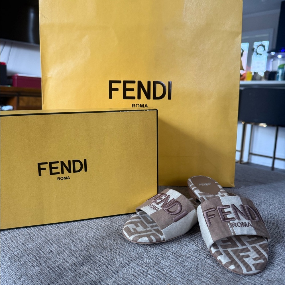 Fendi Tan and Brown Logo Slides
